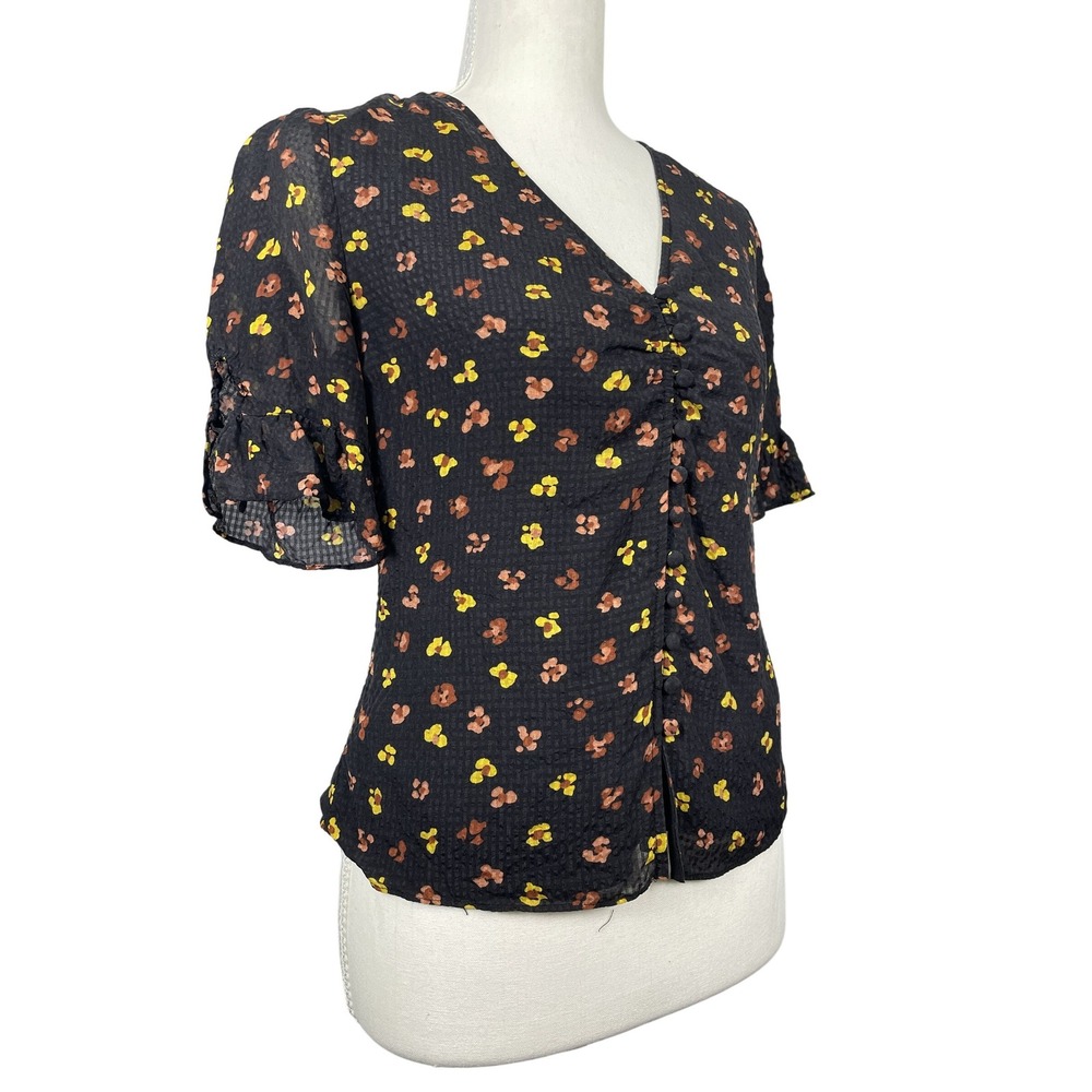 Madewell Top Women 0 Black Silk Floral Button Front Ruffle Sleeve‎ Blouse AD640